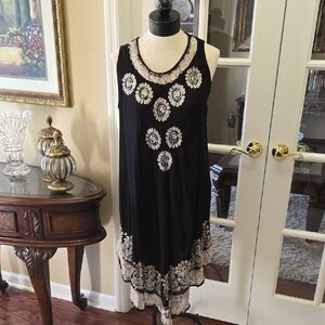 Island Tees Elegant Black White Sleeveless Embroidered Dress Rayon India OS NEW